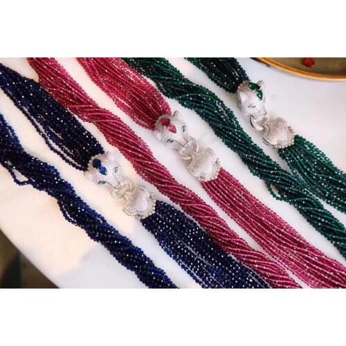 Natural semi-precious stone necklace multi layer 925 sterling silver with cubic zircon leopard classic green blue red color