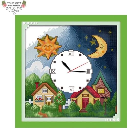 Your Gift G356 14CT 11CT Stamped and Counted Home Decoration Day and Night Clock Face Cross Stitch