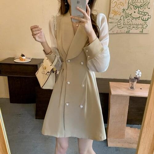 Vintage Beading V Neck Long Sleeve Party Robe High Waist Slim Vestidos Korean Elegant Dresses Women