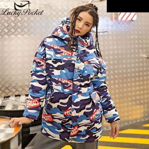 Female Winter New Thick Warm Hooded Coat Women Fashion Letter Camouflage Print Jacket Street Style Plus Size Loose Parkas Z1000