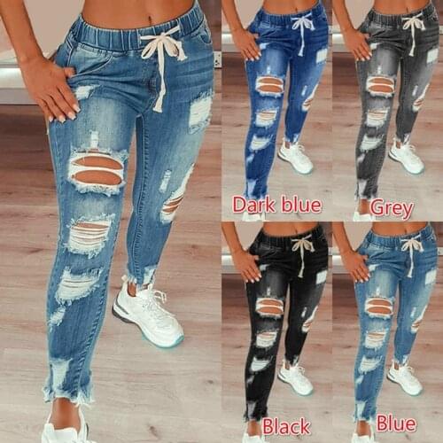 2021 New Women Jeans Long Pants Casual High Waist Drawstring Jean Trousers Plus Size Ripped Hole Female Stretch Pencil Pants