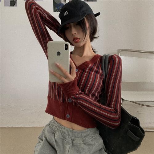 Woman Sweaters Cardigan Striped Sweater Top Winter s V-neck Slim Fit Short Cardigan Inner Coat T-shirt Sueters De Mujer