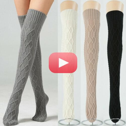 Women Winter Knit Thigh High OVER The KNEE Sockings Long Stockings Warmers Double Diamond Knitted Wool Socking
