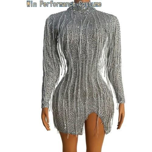 Sparkly Rhinestone Fringes Short Dress Women Sexy Split Birthday Prom Party Bodycon Dress Nightclub Singer Dancer Dance Costume