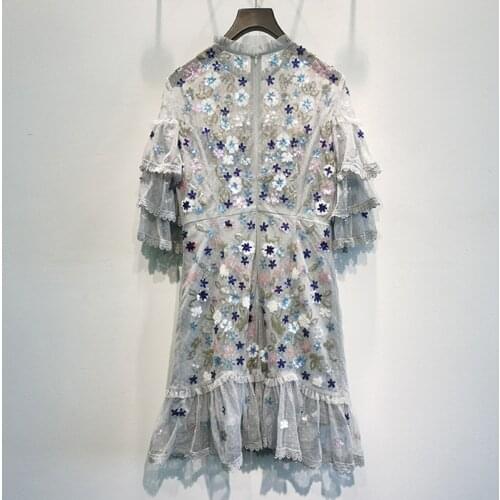 Women 2021 Luxury High Quality Designer Butterfly Sleeve Sequined Embroidery Cascading Ruffles Party Sweety Dress