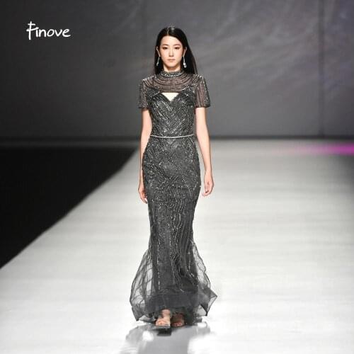 Finove Vintage Mermaid Long Dresses 2020 robe de soiree High Neck With Stunning Beaded Floor Length Evening Dress Plus Size