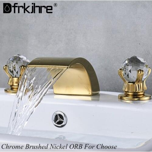 Bathroom Crystal Handle Golden Waterfall Basin Faucet Deck Mount Widespread Tub Sink Faucet Chrome Basin Hot And Cold Mixer Tap