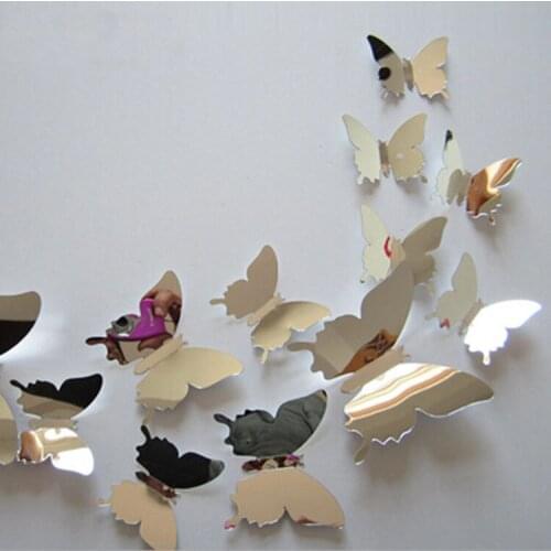 12pcs/set New Arrival Mirror Sliver 3D Butterfly Wall Stickers Party Wedding Decor Living Room Bedroom Home Decorations