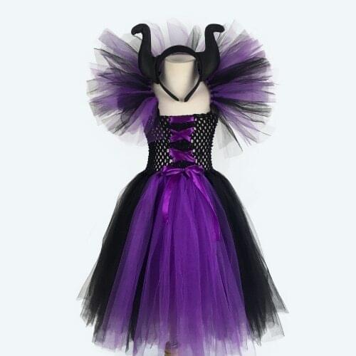 Girls Maleficent Black Purple Witch Tutu Dress Kids Crochet Ribbon Dress Ball Gown with Hairbow Children Halloween Party Dresses