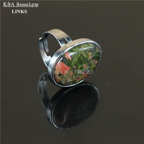 Oval Shape Smooth Unakite Gem Stone Beads Ring, Silver Plated Adjustable Finger Ring