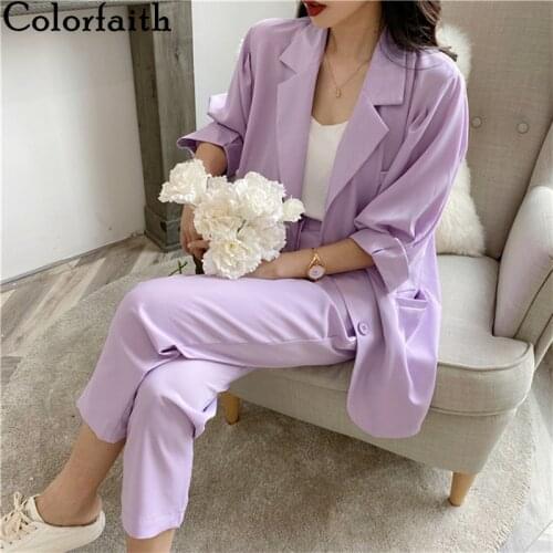 Colorfaith 2020 New Summer Women Sets 2 Piece Matching Pants 3 Colors Casual High Elastic Waist Half Lantern Sleeve Suit WS1090