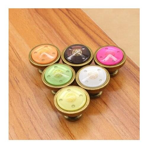 Crystal antique copper zinc alloy handle cabinet drawer handle single hole European modern pastoral colored acrylicr pull handle