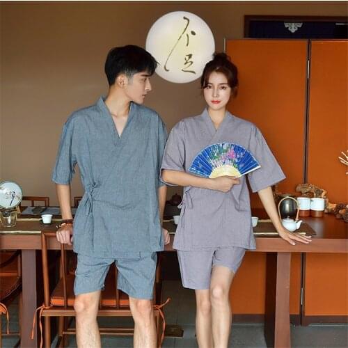 Man Woman Traditional Japanese Kimono Yukata Pajama Sets Sleepwear 100% Cotton Solid Bathrobe Nightgown Lover Leisure Wear
