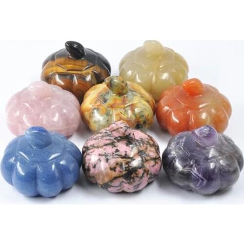 Natural Quartz Crystal Pumpkin Figurine Obsidian Tiger Eye Stone Pumpkin Healing Crystal Stone Halloween Home Decoration Gift