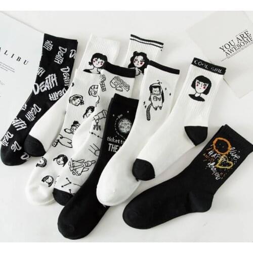 1 Pair New Autumn Black and White Sports Women Socks Cotton Cute Winter Socks Women Socks Astronaut Sports Socks 2021