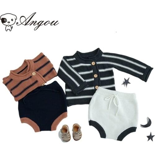Angou 2021 New Autumn Baby Boys And Girls Suit Striped Cardigan Sweater+Short Pants 2PCS Cotton Long Sleeves Set Infant Outfit