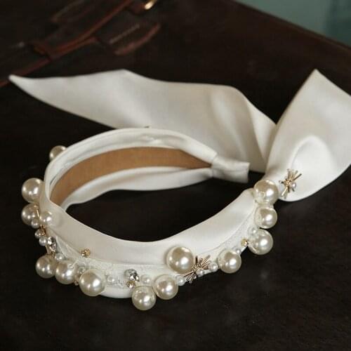 Elegant Pearls Hairbands 2020 New White Fairy Style Vintage Bride Lace Spliced Frenulum Bowknot Photography Hair Accessories