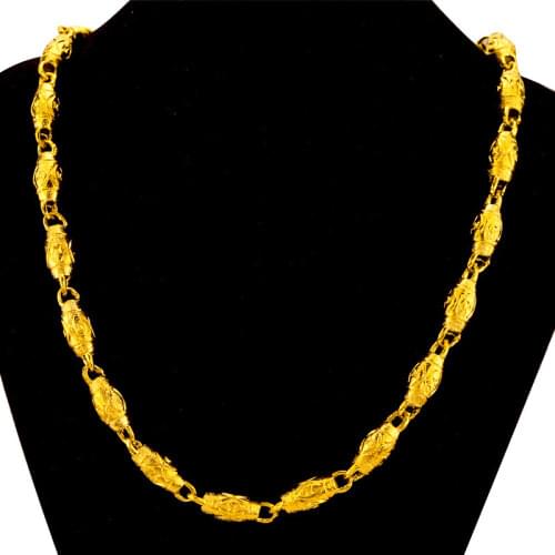 24k Yellow Gold 10mm Olive Shape Necklace For Men 60cm Dragon Head Sand Gold Pendant Necklace Fine Jewelry Wedding Birthday Gift