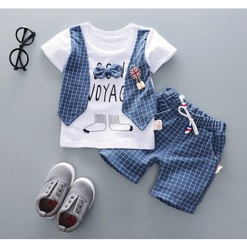 Popodion Baby Kids Clothes Cartoon Plaid Short-Sleeved Shorts Two-Piece Suit CHD20443