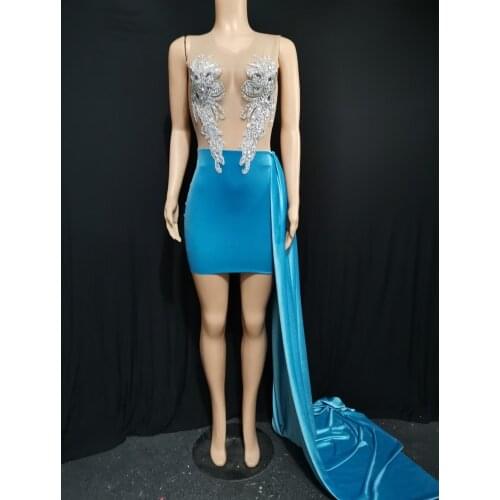 Sexy Mesh Transparent Rhinestone Velvet Trailing Dress Women Asymmetry Birthday Party Dress Singer Bodycon Dress Stage Wear