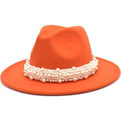 Pearl woolen jazz hat womens solid color fedora hat autumn and winter party hat womens straight brim hat mens panama hat