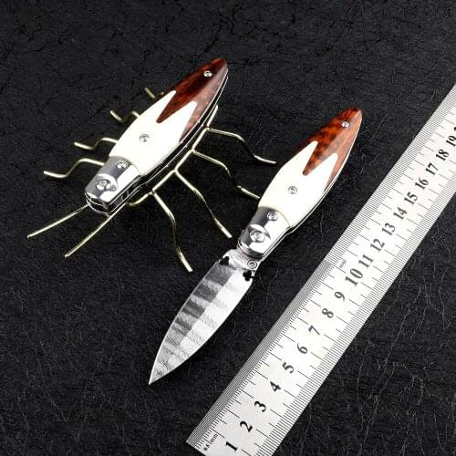 Portable Golden Cicada Damascus Snake Wooden Handle Camping Hunting Tactics Outdoor Self-defense EDC Tool Fruit Folding Knife