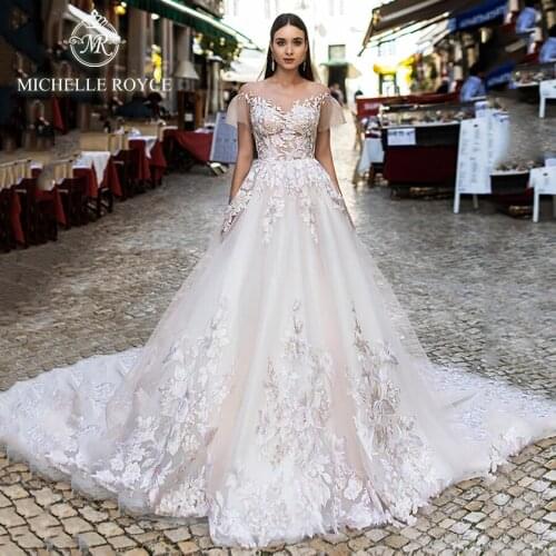 Michelle Royce A-Ling Wedding Dresses 2020V-neckline Appliques Flowers Lace Backless Court Train Wedding Gowns Vestido De Noiva