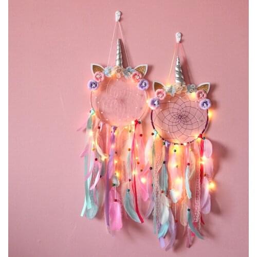 LED Light Up Dream Catcher Unicorn Wind Chimes Hanging Ornaments Bedroom Decor Background Dreamcatcher Feather Gifts For Girls