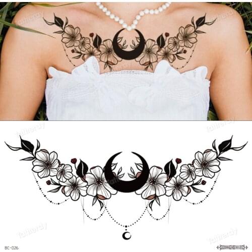 Sternum breast temporary tattoo large black henna sexy body tattoos for women girls chest tattoo flowers jewelry lace mandala