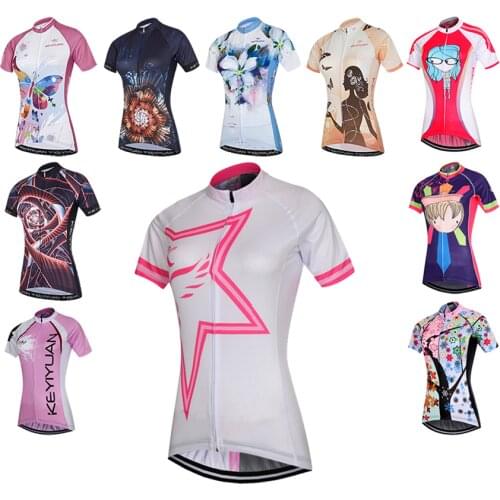 KEYIYUAN Women Short Sleeve Cycling Shirt Ladies Sport Riding Clothing MTB Bicycle Clothes Team Bike Wear Top Ciclismo Femenino