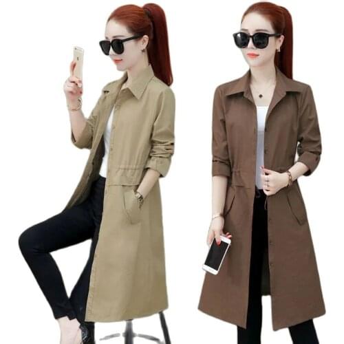Womens Windbreaker Coat Mid-long New Spring Autumn fashion Coat Tuck Your Waist Thin Single Breasted All-match ladiesjacket