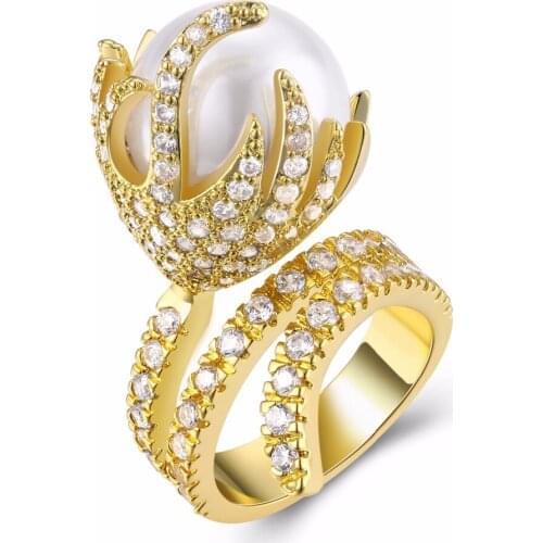 Women simulated Pearl rings Made with AAA Cubic Zirconia Prong Setting Wedding rings Free Allergy