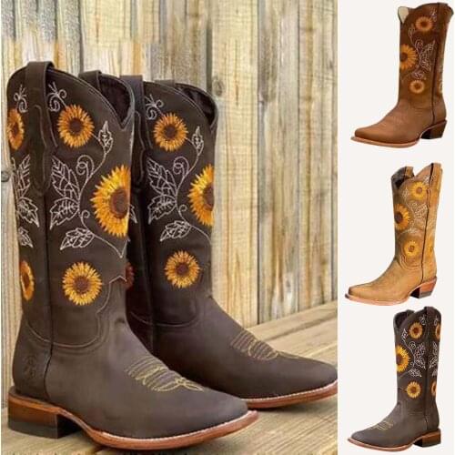 Women Boots 2021 Fashion Embroidered Mid-tube Boots Waterproof Wedge Heel Women Casual Lightweight Winter Boots Over-knee Boots