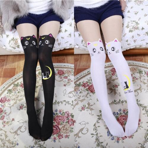 Women Girl Thigh High Stockings Cartoon kitten Plus Size Over The Knee outside wearing briefs campus Stocking