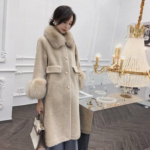 2020 Women Winter Real Fox Fur Collar Sleeve Overcoats Real Genuine Granule Sheep Shearling Fur Coats True Fur Outwear