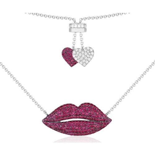 SLJELY 925 Sterling Silver Sexy Red Lip Pendant Necklace Women Zircon CZ Stones Heart Chain Yao Chen Collection Fine Jewelry