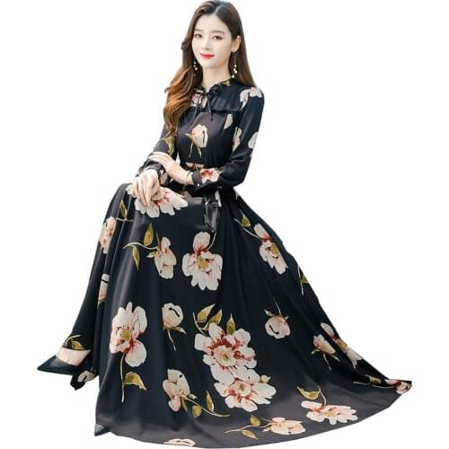 Womens Chiffon Long Sleeve Dress 2021 New Female Spring Autumn Long Dress Ladies Chiffon Floral Draw Back Temperament Dress A