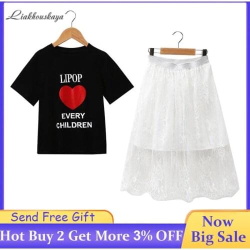 2020 Summer Girls Clothes New Cotton Short Sleeve Suit Girls Letter Print T-Shirt + Lace Tulle Skirt Casual Skirt 2pcs Suits