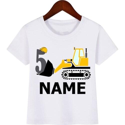 2021 Custom Name T shirt Cartoon Excavator Birthday Number 1-8 Boys T-shirt Baby Girls Tops Funny Present Kids Clothes Gift