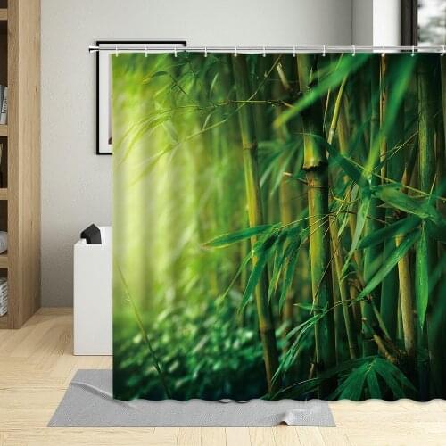 Plant Forest Bamboo Shower Curtain Green Natural Landscape Sunlight Water Flow Bridge Bathroom Home Decorative Cloth Washable