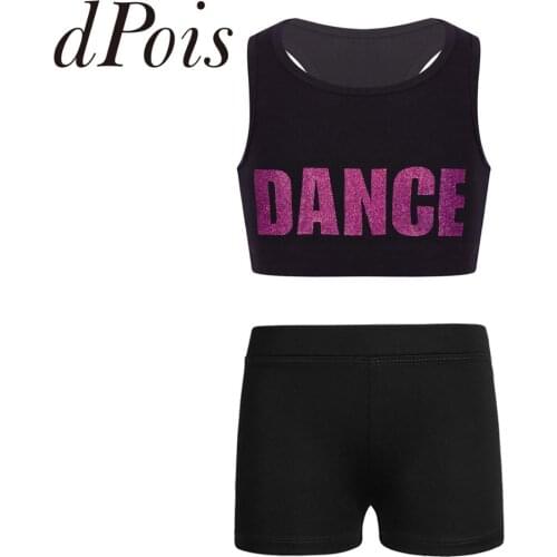 Kids Sports Suit Shiny Letters DANCE Printed Sleeveless Crop Top with Boy-cut Low Rise Shorts Bottoms Girl Fitnesss Dance Set