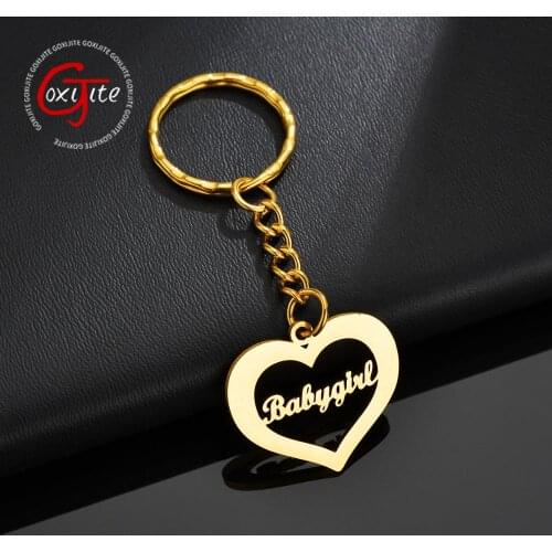 Goxijite Handmade Custom Name Heart Shape Keychain For Women Stainless Steel Gold Heart Nameplate Pendant Keychain Jewelry Gift