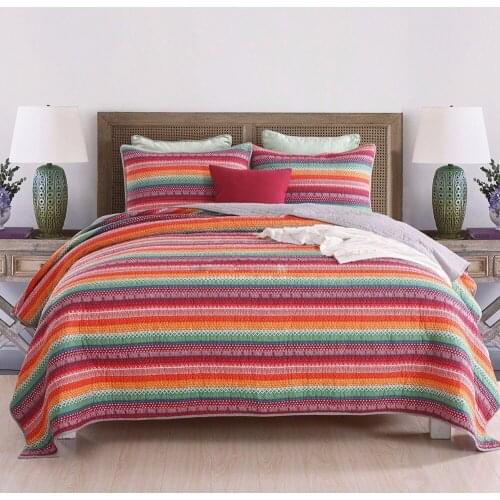 GXC Bohemian Quilt Set 3pcs Thick Bedspread Rainbow Stripe Printed Quilts quilted Bed Cover Pillowcase King Queen Size Coverlet
