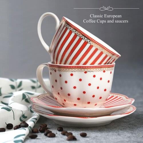 European style striped dot ceramic coffee mug cup and saucer set with spoon to enjoy afternoon tea with couple girlfriends