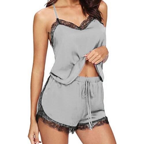 Women Sexy Pajamas Set Sexy Lace Spaghetti Strap Lingerie Sleepwear Suit Casual V-Neck Female 2 Piece Nightwear Shorts Set
