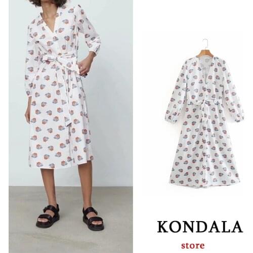 KONDALA Women sweet Dress Za Fashion 2021 Poplin flower printed Midi Dress Female Spring casual Mujer Vestidos