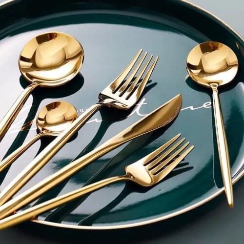 Gold Dinnerware Set Mirror Stainless Steel Tableware Set Sharp Knife Fork Coffee Spoon Flatware Set Dishwasher Safe Cutlery Set