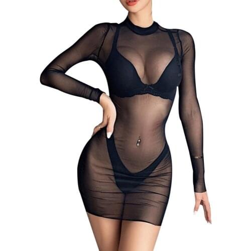 2021 New Women Sexy Nightgowns Solid Color Long Sleeve See Through Sheer Nightwear Bodycon Sleepdress chemise de nuit femme