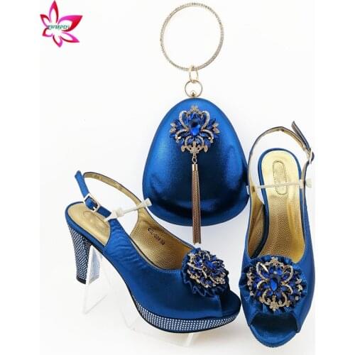 Royal Blue Color 2020 Wedding Shoes Matching with Bag African Design Lady Paty Shoes and Bag Set with Shinning Crystal