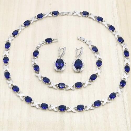 Dark Blue Crystal Silver Color Jewelry Sets For Women Necklace Earrings Bracelet Anniversary Bridal Birthday Jewelry